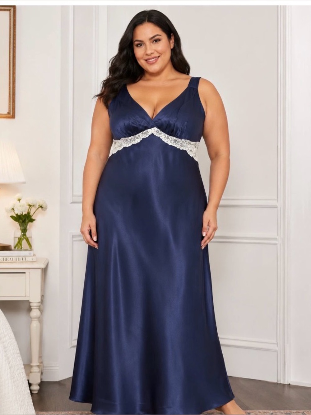 Morgan Taylor Midnight Blue Satin Slip Dress with Ecru Lace Trim XXXL